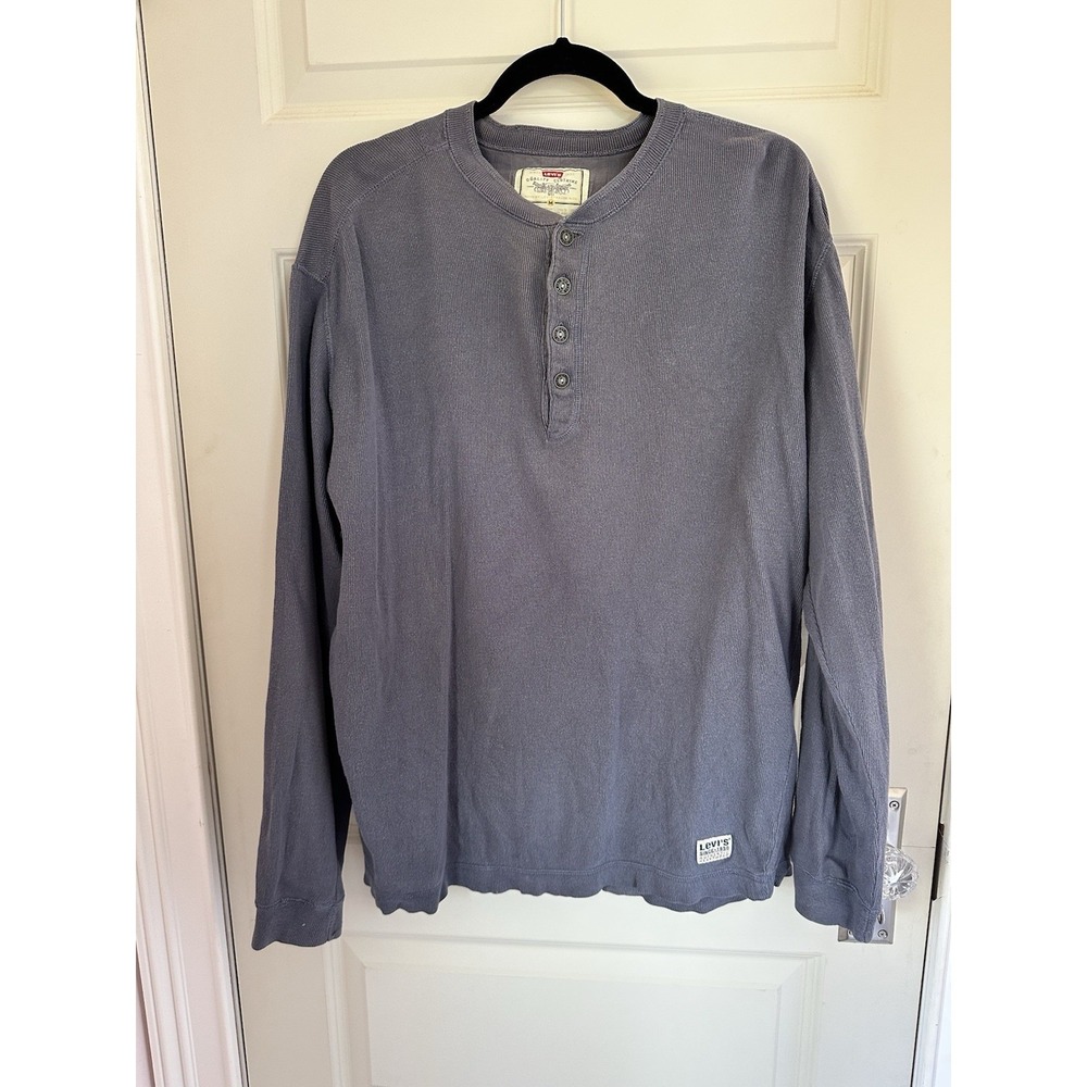 Levi's Men's Medium Blue/Gray Waffle Knit Long Sleeve 4 Button Henley Cotton